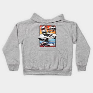 Multiple Angles of the Arctic White C8 Corvette Presented In A Bold Vibrant Panel Art Display Supercar Sports Car Racecar Torch Arctic White Corvette C8 Kids Hoodie